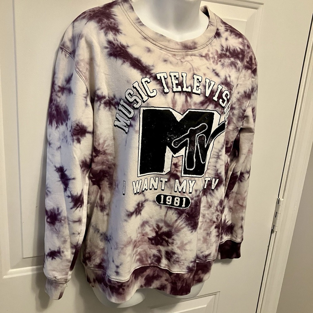 MTV Music Television Medium Tie Dye I Want My MTV 1981 Graphic Sweatshirt Purple